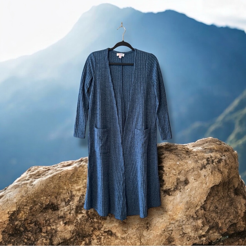 LuLaRoe Long Blue Ribbed Knit Cardigan Sweater
